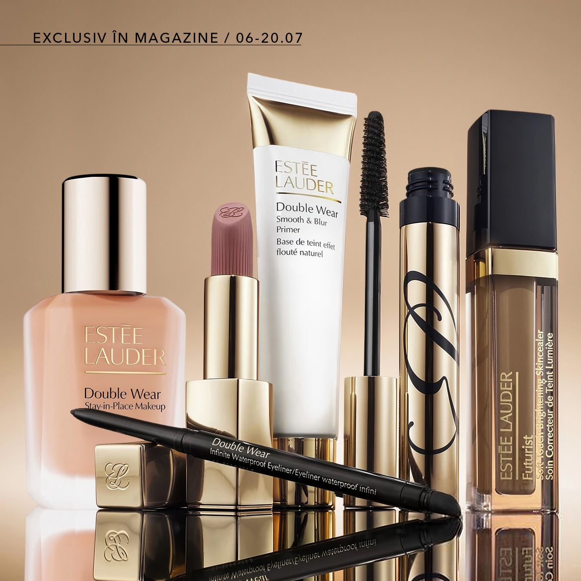 Gama de machiaj Estée Lauder Double Wear: fond de ten, primer, mascara, eyeliner, ruj și corector.