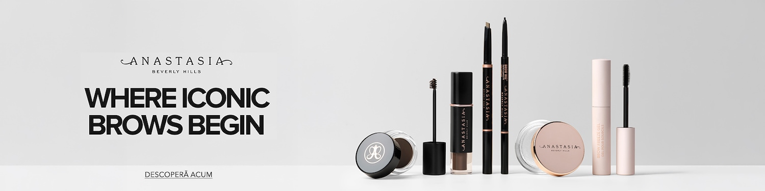 Banner Anastasia Beverly Hills pe fundal alb, cu mesajul „Where Iconic Brows Begin”. În partea dreaptă sunt expuse produse pentru sprâncene, precum creioane și pomadă, iar în partea de jos apare butonul „Descoperă acum”