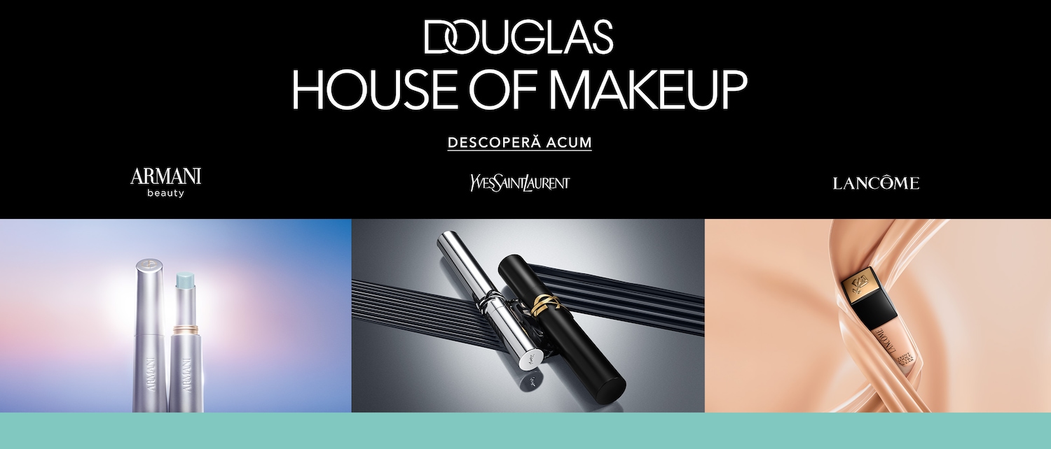 Douglas House of Makeup prezintă produse de la Armani Beauty, inclusiv un balsam de buze hidratant într-un ambalaj elegant, argintiu.