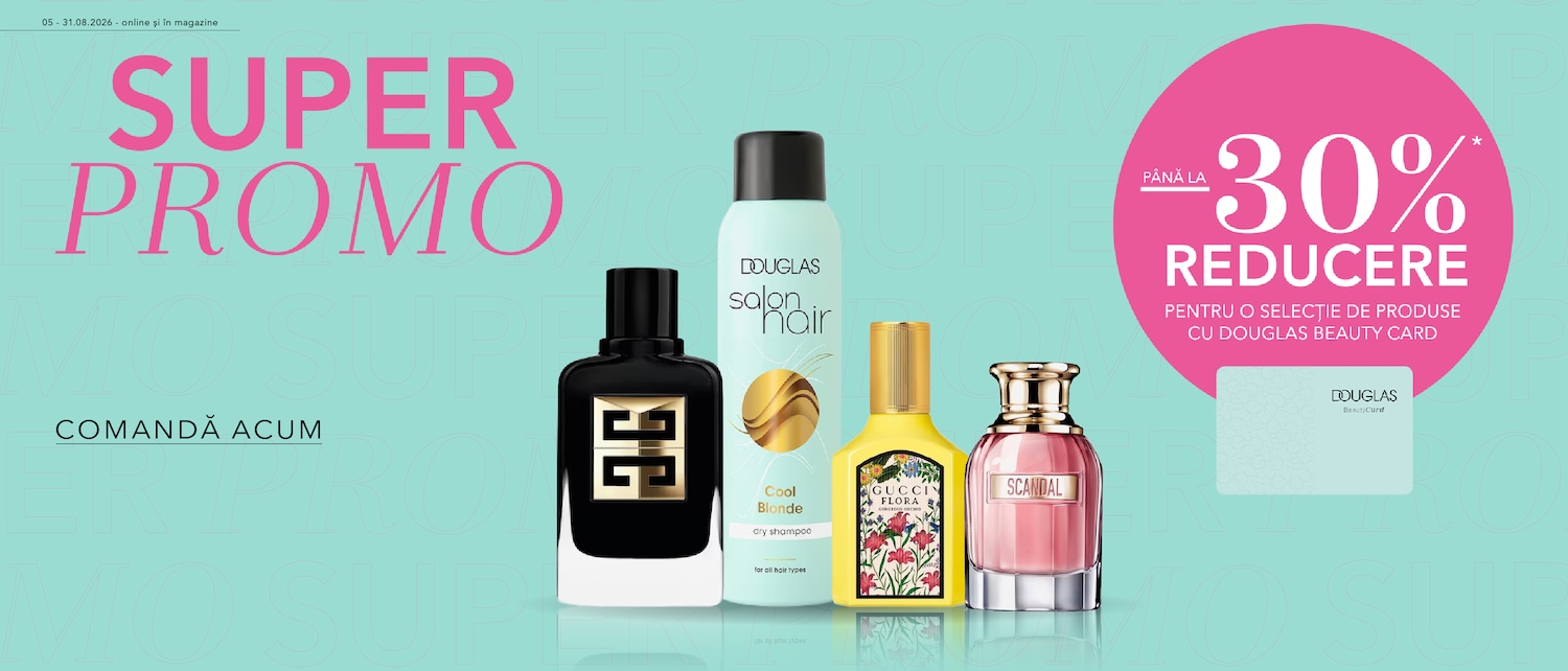 Descoperă promoția Super Promo valabilă online și în magazine între 05 și 31 august 2026, cu până la 30% reducere la o selecție de produse cu Douglas Beauty Card.