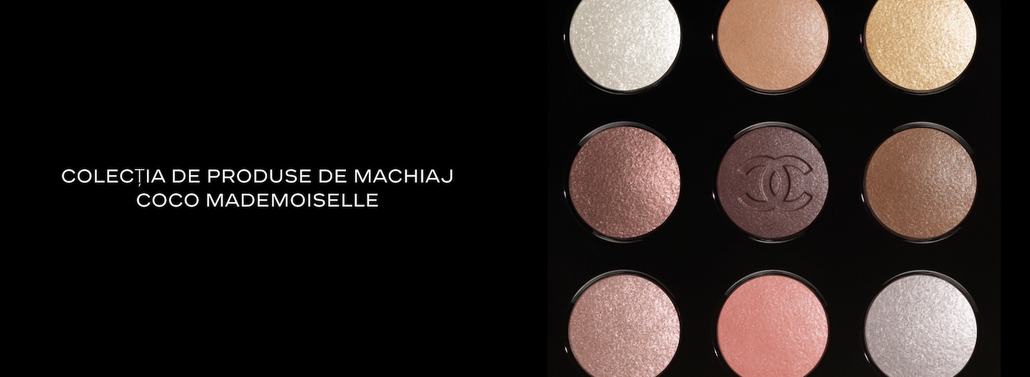 Descoperiți colecția de produse de machiaj Coco Mademoiselle, prezentată pe un fundal negru elegant.