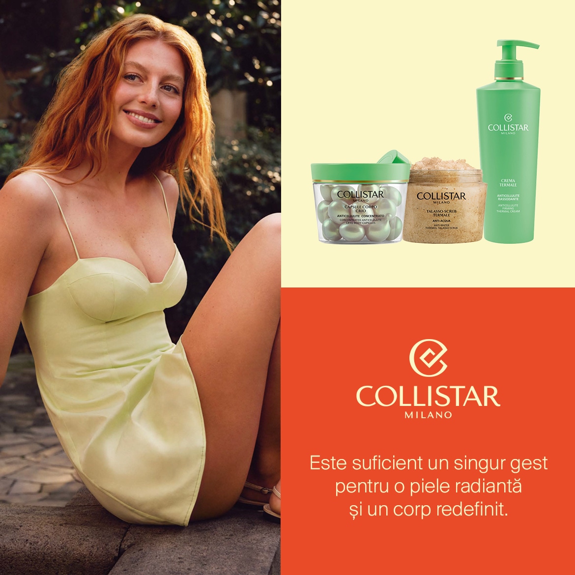 O femeie cu păr roșcat, purtând o rochie verde deschis, zâmbește în timp ce stă așezată, cu trei produse Collistar Milano în fundal: capsule anticelulitice, un scrub termal și o cremă termală anticelulitică.