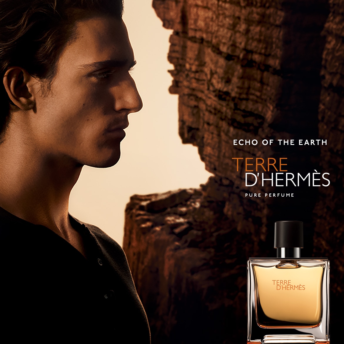 Un bărbat cu părul închis la culoare, îmbrăcat într-un tricou negru, privește spre dreapta, cu o stâncă maro în fundal și un flacon de parfum Terre d'Hermès Pure Perfume în prim-plan, cu textul "ECHO OF THE EARTH".