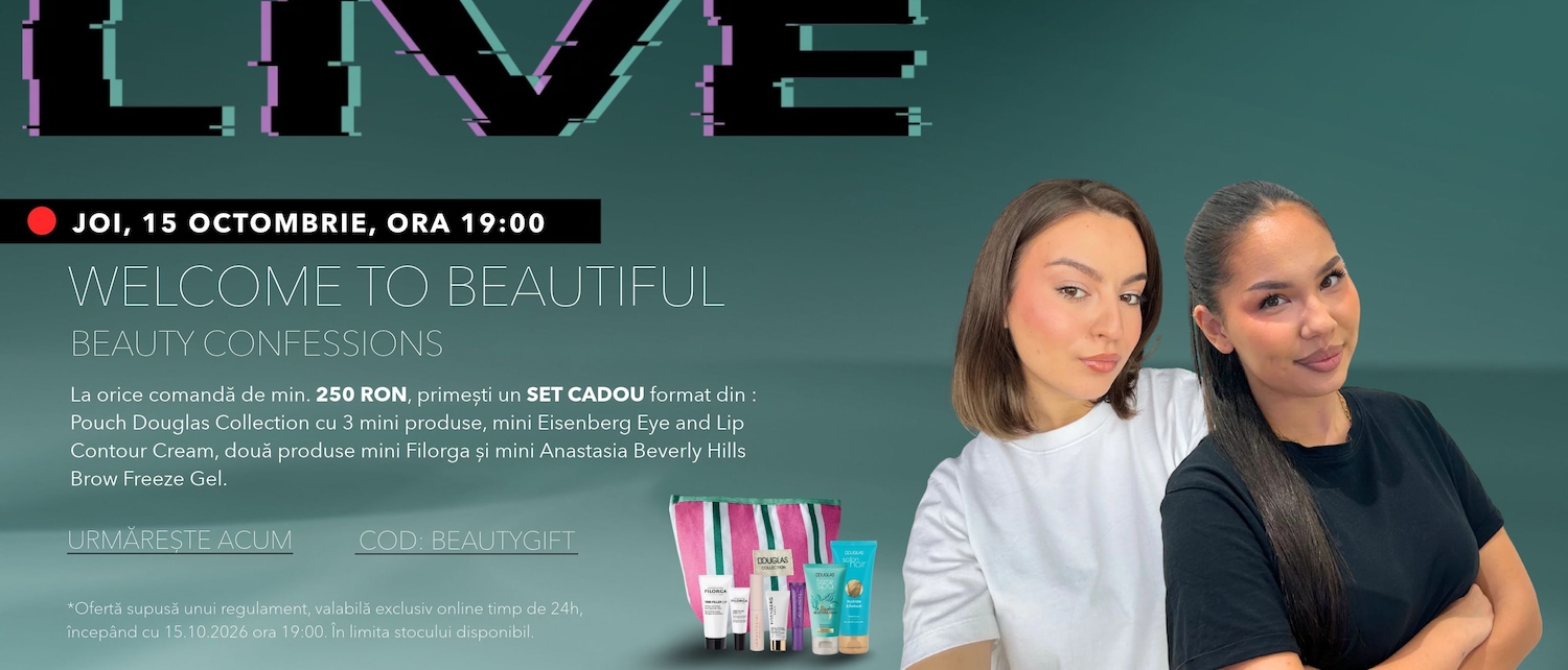 Alătură-te evenimentului live "Welcome to Beautiful: Beauty Confessions" pe 15 octombrie, la ora 19:00, pentru a descoperi secretele frumuseții și a beneficia de oferte exclusive.