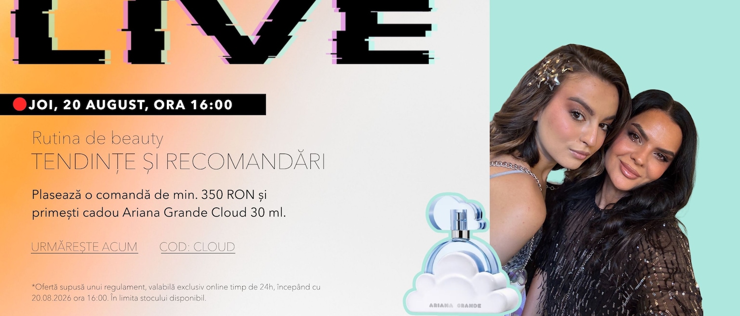 Alătură-te evenimentului live de beauty joi, 20 august, la ora 16:00, pentru a descoperi tendințe și recomandări, și primești cadou un parfum Ariana Grande Cloud de 30 ml la comenzi de minim 350 RON.