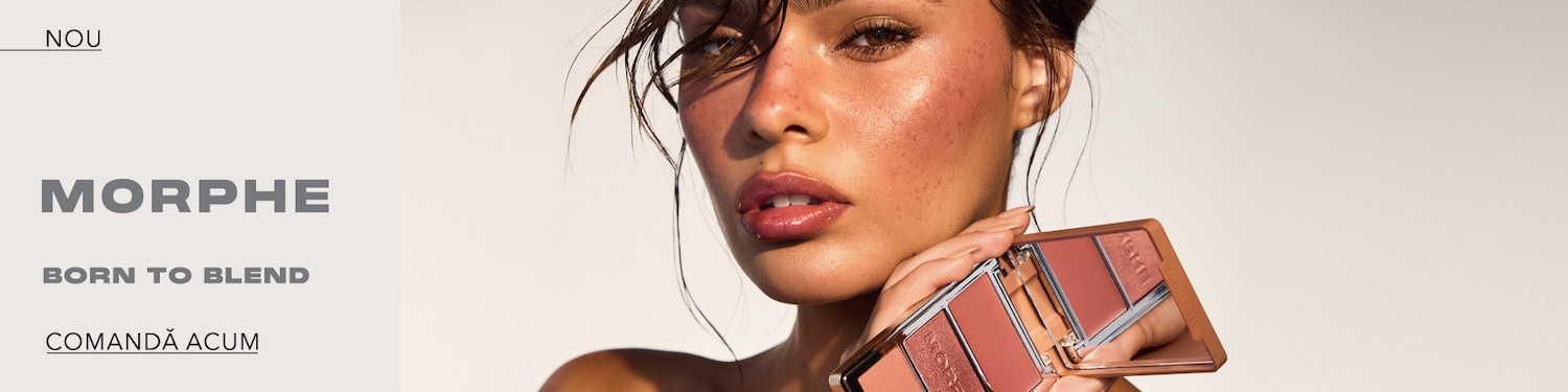 Imaginea prezinta o femeie care ține în mână o paletă de farduri Morphe. Text promoțional „MORPHE – Born to Blend” și „Comandă acum”