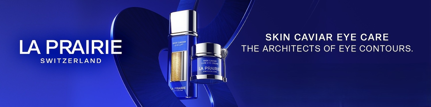 Descoperiți La Prairie Skin Caviar Eye Lift și Luxe Eye Cream, două produse esențiale pentru o îngrijire completă a conturului ochilor, prezentate elegant pe un fundal albastru intens.