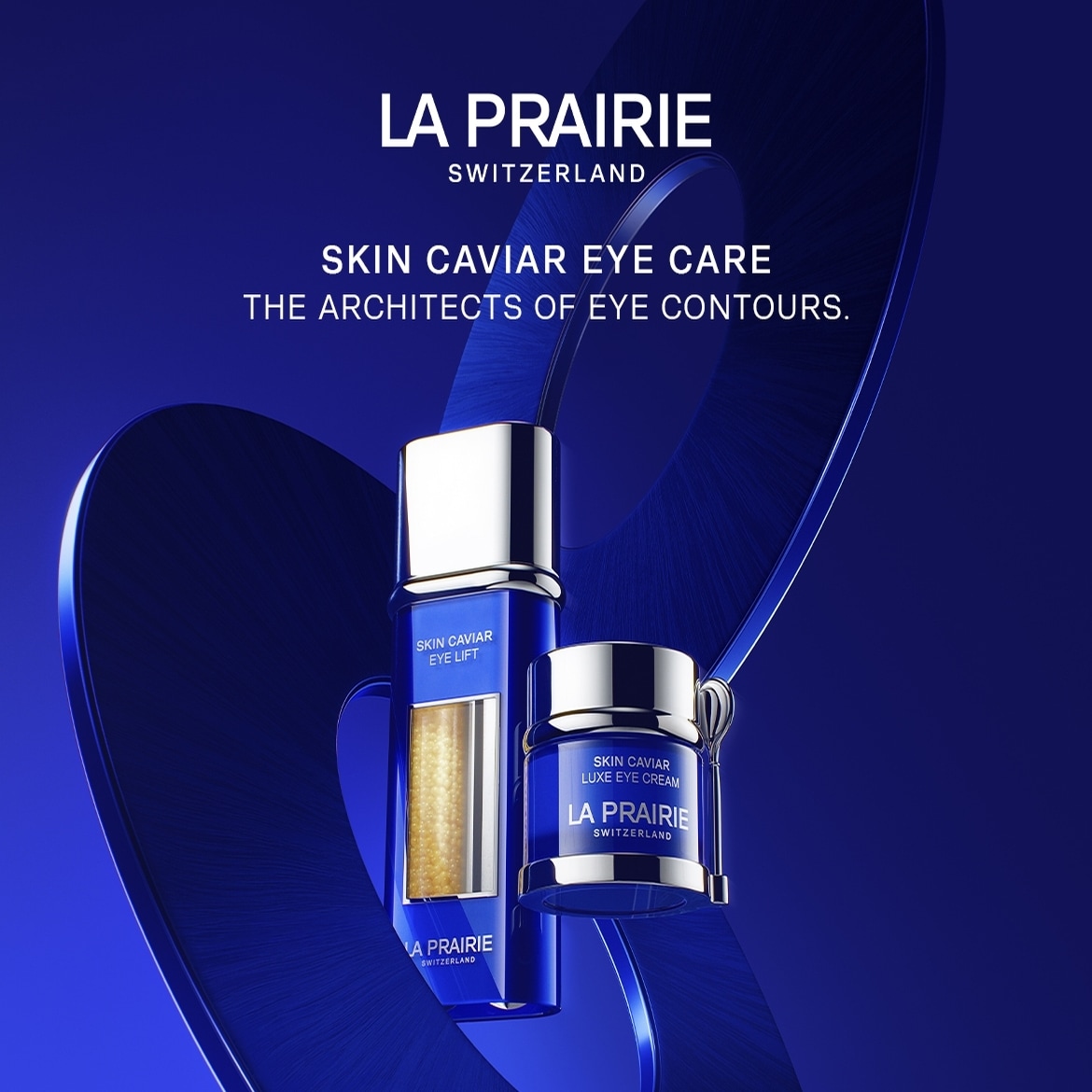 Descoperiți îngrijirea ochilor La Prairie Skin Caviar, arhitecții contururilor ochilor, cu Skin Caviar Eye Lift și Skin Caviar Luxe Eye Cream, ambele în ambalaje albastre și argintii, pe un fundal albastru.