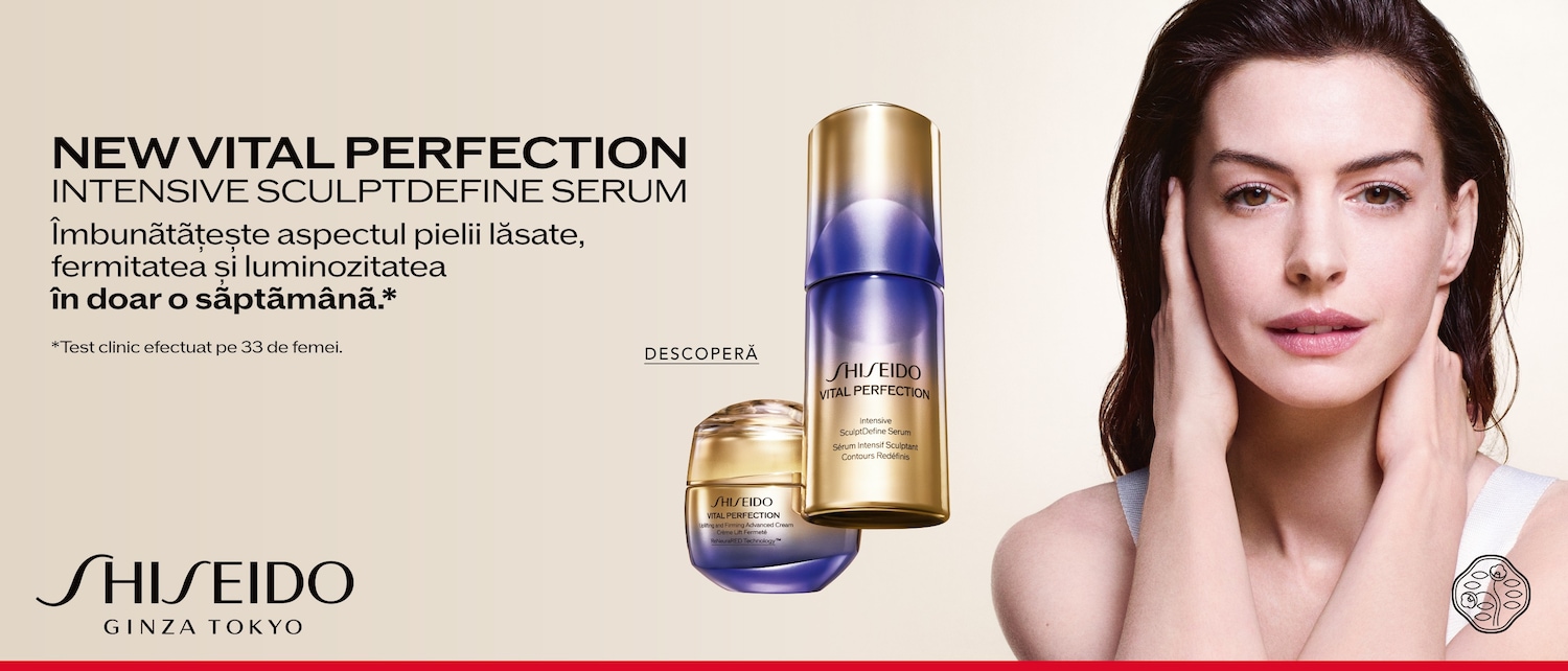 Descoperă noul ser Shiseido Vital Perfection Intensive SculptDefine, care îmbunătățește aspectul pielii lăsate, fermitatea și luminozitatea în doar o săptămână, conform unui test clinic efectuat pe 33 de femei.