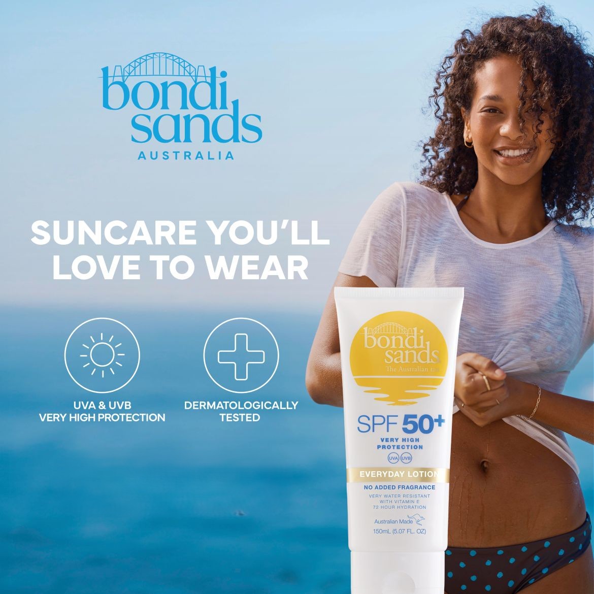 Bondi Sands Australia prezintă loțiunea de protecție solară SPF 50+, rezistentă la apă, cu vitamina E și hidratare de 72 de ore, perfectă pentru o protecție zilnică împotriva razelor UVA și UVB.