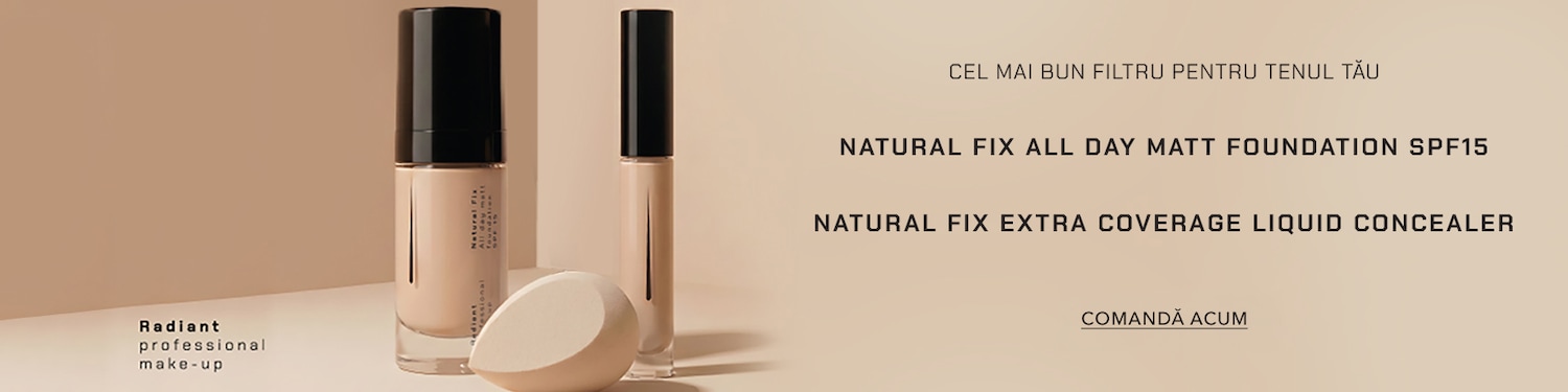 Descoperă cel mai bun filtru pentru tenul tău cu fondul de ten mat Natural Fix All Day SPF15 și corectorul lichid Natural Fix Extra Coverage, ambele de la Radiant Professional Make-Up. Comandă acum!