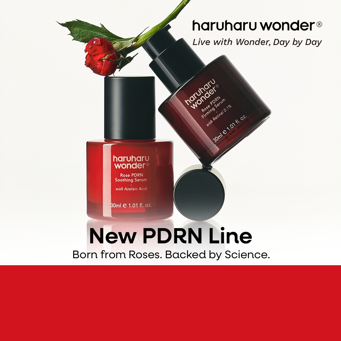 Descoperiți noua gamă Haruharu Wonder PDRN, cu serul calmant Rose PDRN cu acid azelaic și serul de fermitate Rose PDRN cu 0,1% Retinal, ambele în sticluțe elegante de 30 ml, inspirate de trandafiri și susținute de știință.