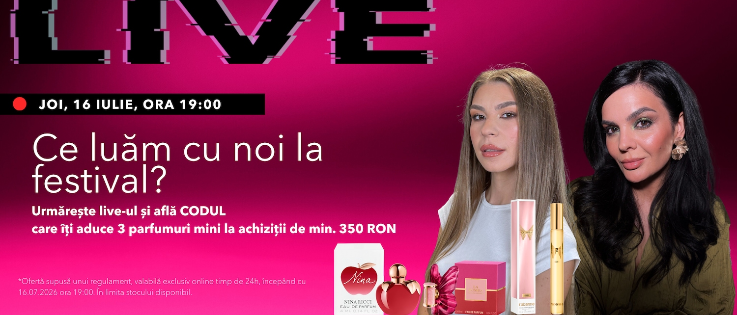Alătură-te nouă joi, 16 iulie, la ora 19:00, pentru a descoperi ce produse de festival îți aduc 3 parfumuri mini cadou la achiziții de peste 350 RON.