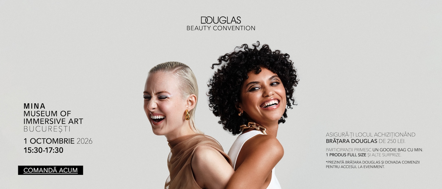 Douglas Beauty Convention la MINA Museum of Immersive Art București, pe 1 octombrie 2026, între orele 15:30-17:30, cu două femei zâmbitoare, una cu păr blond, cealaltă cu păr creț închis la culoare.