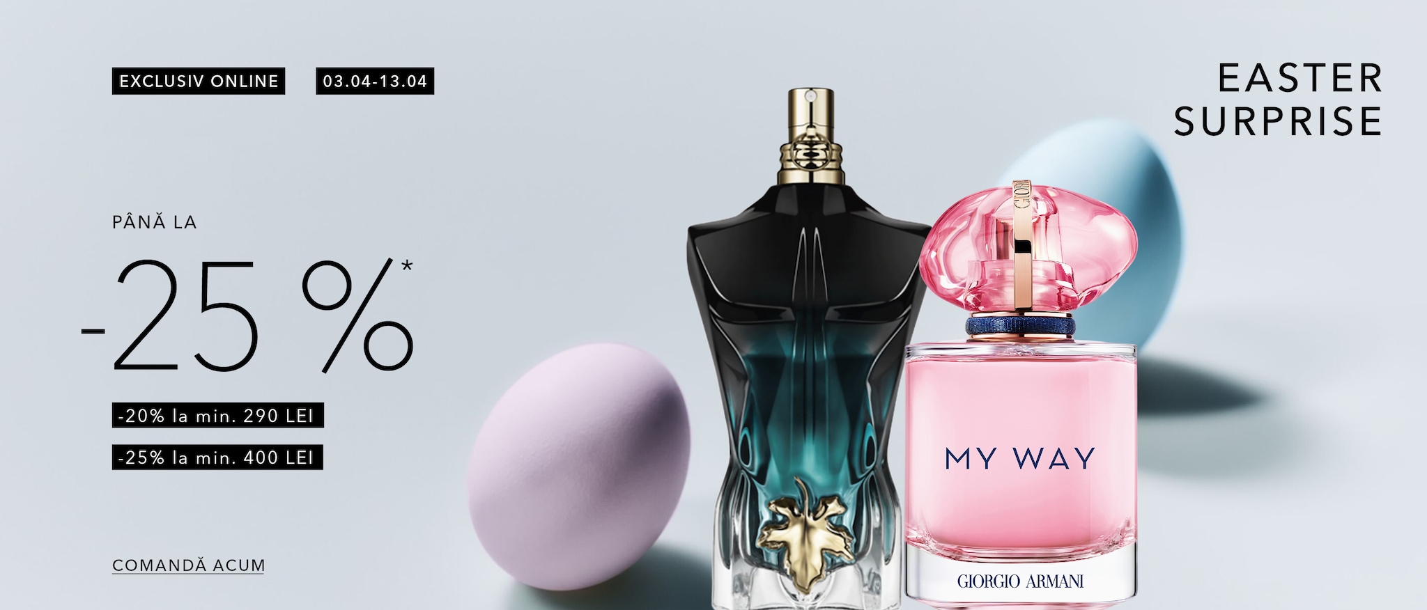 Descoperă surprizele de Paște cu până la -25% online, în perioada 3–13 aprilie, cu parfumul ‘My Way’ de Giorgio Armani în sticluță roz, un parfum în formă de tors masculin și ouă pastelate. Comandă acum!
