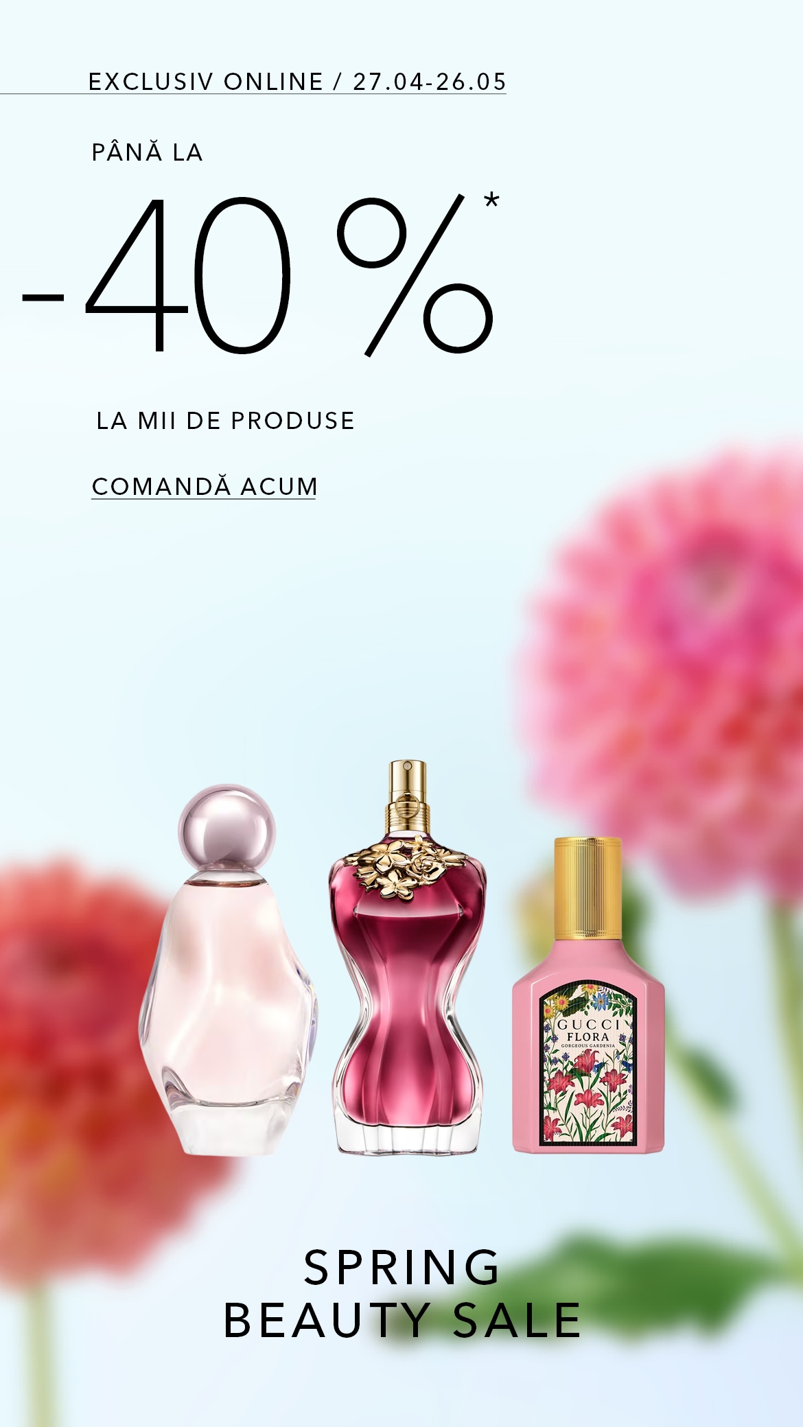 Bucură-te de Spring Beauty Sale cu reduceri de până la 40% la mii de produse, inclusiv o colecție de parfumuri în sticle roz și aurii.