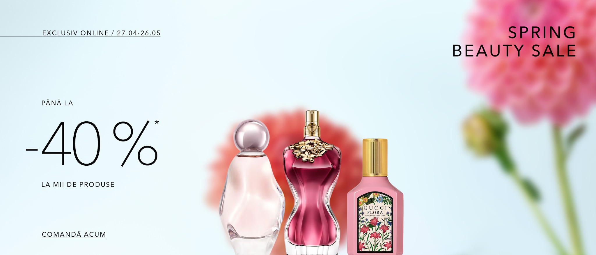 Bucură-te de Spring Beauty Sale cu reduceri de până la 40% la mii de produse, inclusiv o colecție de parfumuri în sticle roz și aurii.