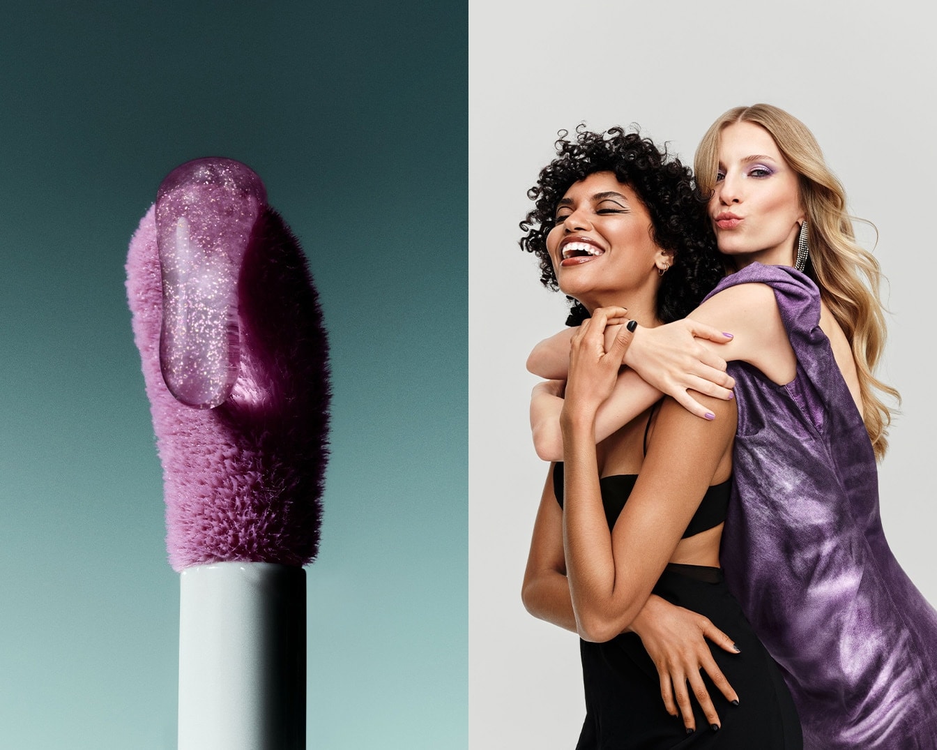 Prim-plan cu un aplicator de luciu de buze, având o picătură de gloss mov sidefat, perfect pentru a adăuga o notă de strălucire look-ului tău.